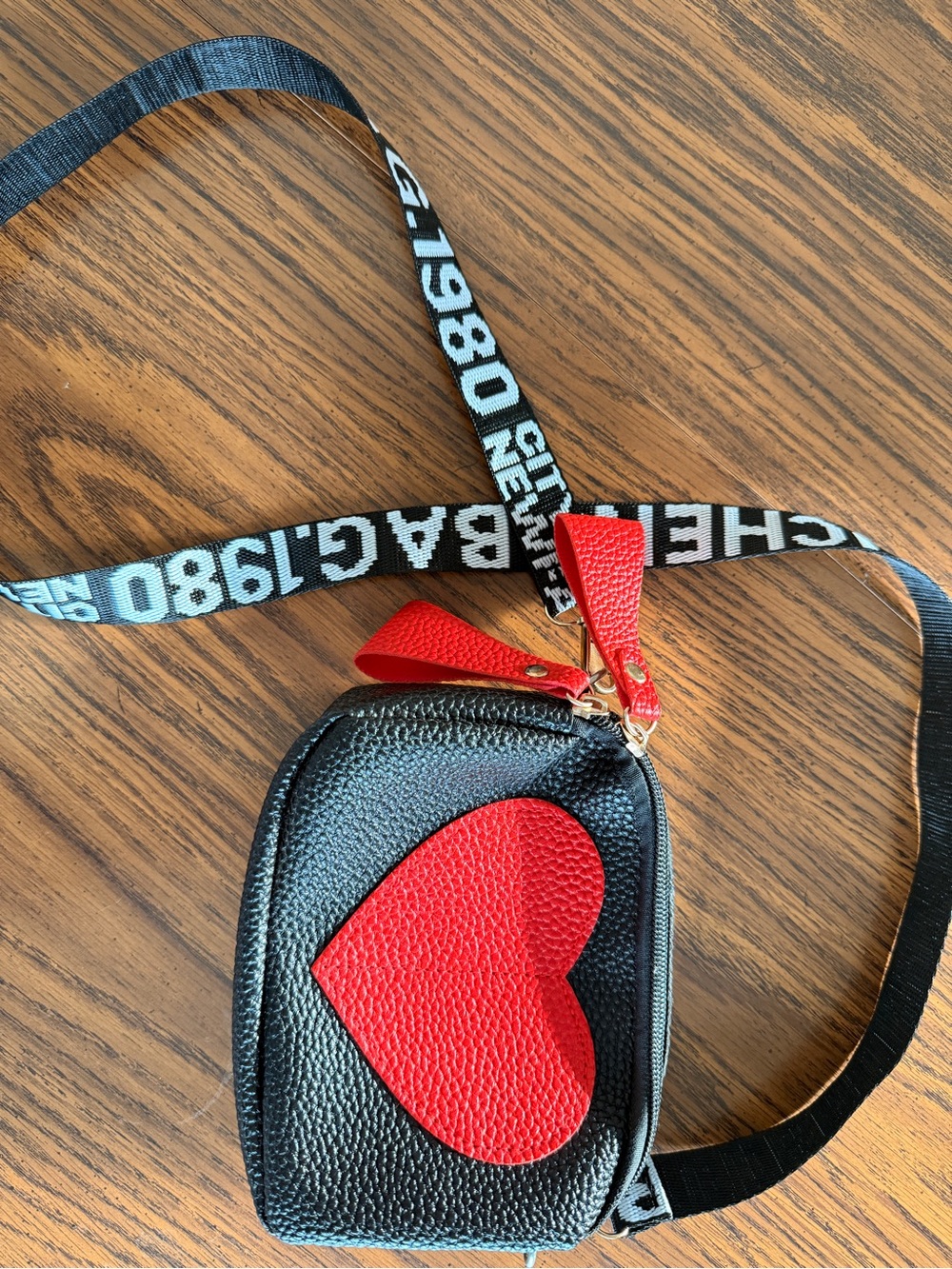 Kuchen & Bag 1989 Black Crossbody Bag with Red Heart Accent